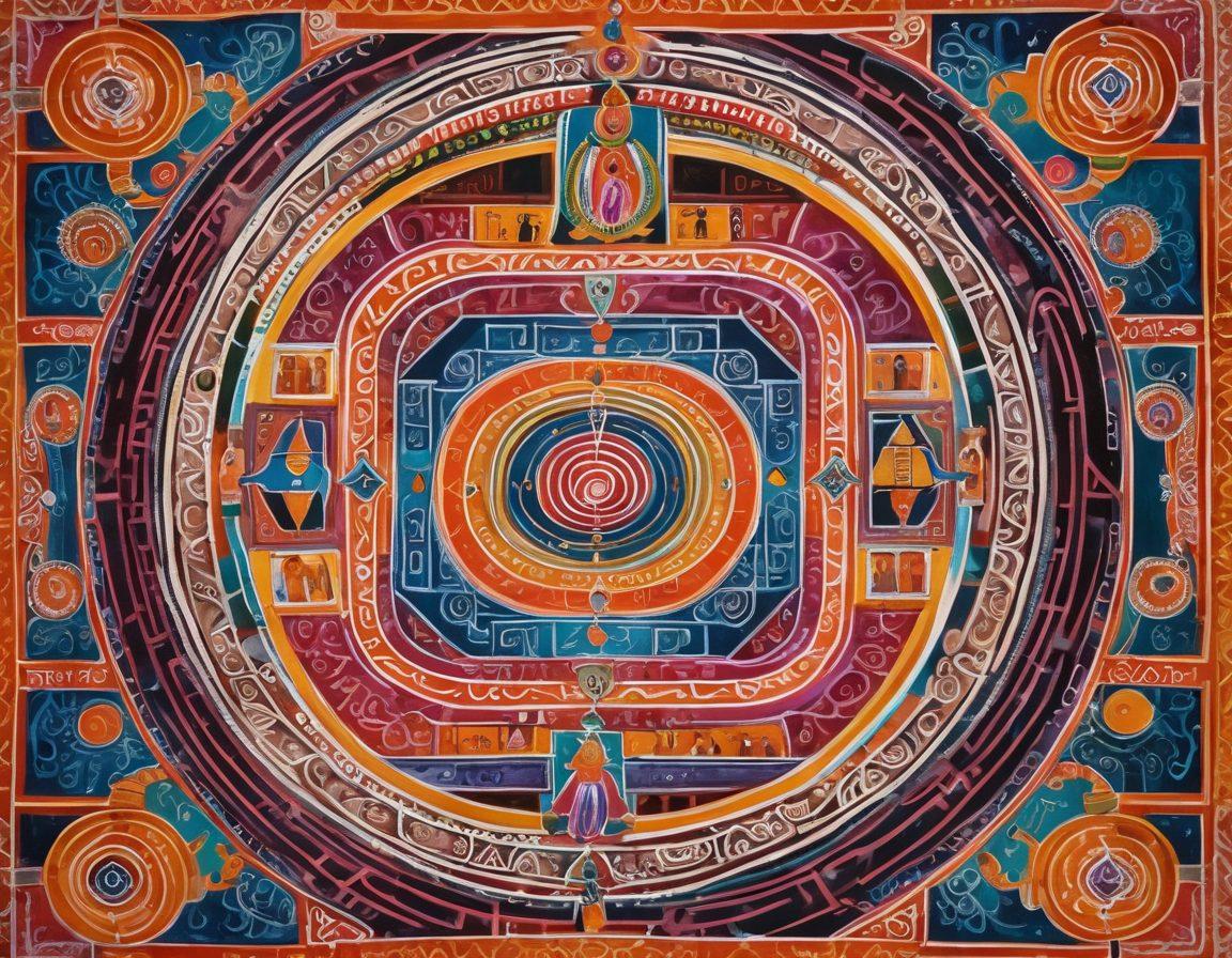 An intricate labyrinth with pathways that feature symbolic elements of Indian culture such as traditional attire, vibrant festivals, and ancient temples. Alongside these cultural symbols, include subtle references to the digital age like smartphones and computer screens displaying video thumbnails. The overall atmosphere should blend traditional heritage with modern digital exploration. vibrant colors. painting.